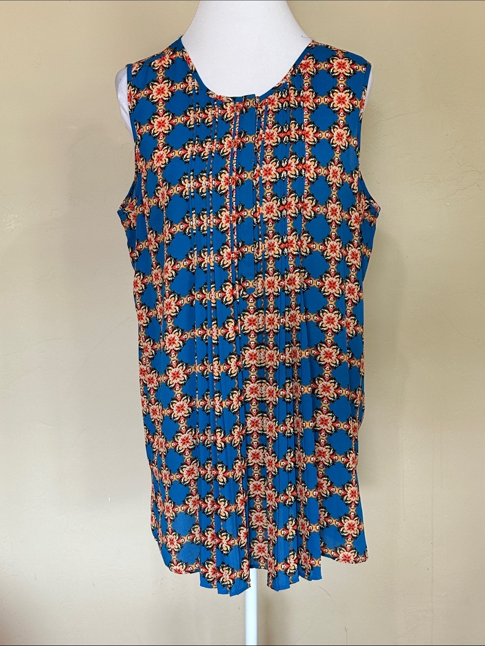 NEW | DR2 Blue Floral-Print Pleated Sleeveless Tunic Top  Blouse Sz L